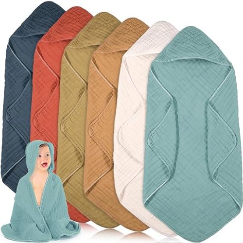 6 Pcs Muslin Hooded Baby Towels, 32"x 32" Cotton Newborn Bath Towel Muslin Infant Baby Blankets Absorbent Unisex Newborn Registry Gift Essentials for Girls Boys (Orange)