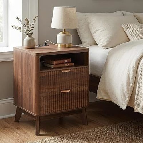 LYNCOHOME Fluted Nightstand with Charging Station, 19.7 inch Wide End Table with 2 Drawers, Modern Wood Bedside Table for Bedroom,Brown,1 Pcs