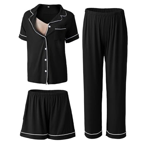 Rnxrbb 3 PCS Women Maternity Pajamas Set Nursing Postpartum Breastfeeding Pjs Sleepwear Lounger Clothes Button Down