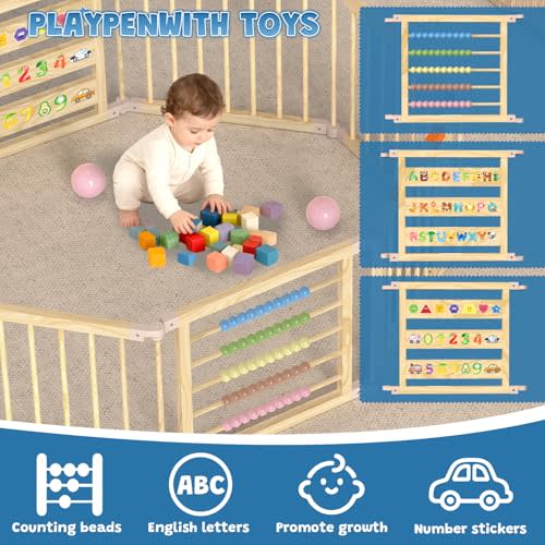 Foldable Wooden Baby Playpen with Gate, Wood Baby Play Pen Play Yard with Educational Abacus, Alphabet Board, Shape Color Board & Child Proof Lock, Wood Playpen for Babies and Toddlers 57×57×23 inch