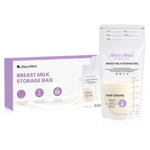 MomMed Breast Milk Storage Bags with Color-Changing Temperature Indicator - 6oz Self-Standing No-Leak Freezer Bags, Locking Clamp & Pour Spout, Space-Saving Flat Profile, BPA-Free (50 Count)