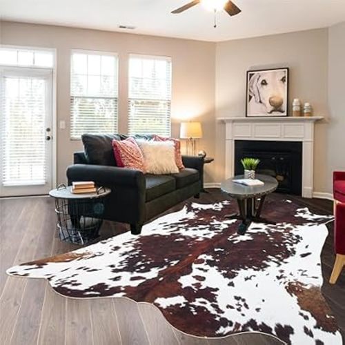 Cowhide Rug Cow Print Rug 5.2x6.2 Feet,Large Cow Hide Rugs for Living Room Bedroom Dining Room Home Office Brown Animal Print Carpet for Home Decor