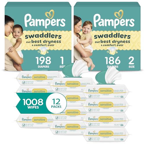 Pampers Baby Diapers and Wipes Starter Kit - Swaddlers Disposable Diapers Sizes 1 (198 Count) & 2 (186 Count) With Sensitive Water Based Wipes 12 Flip-Top Packs (1008 Total)