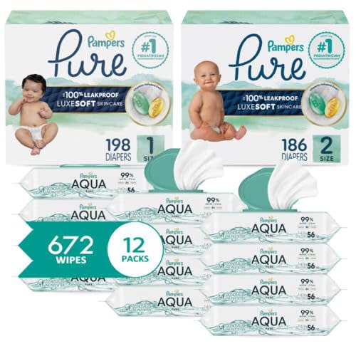 Pampers Pure Protection Disposable Baby Diapers Starter Kit (2 Month Supply), Sizes 1 (198 Count) & 2 (186 Count) with Aqua Pure Sensitive Wipes, 12X Pop-Top Packs (672 Count)