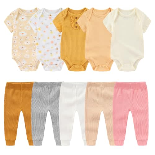 MAMIMAKA Newborn Baby Layette Gift Set 10-Piece Baby Boy Girl Short Sleeve Bodysuits with Pants Infant Outfit Essentials