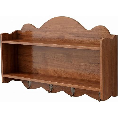 Monwssoe Vintage Wall Shelves, Double-Layer Vintage Wooden Shelf with 4 Hooks, Cottage Core Decor for Kitchen & Entryway | Retro Color