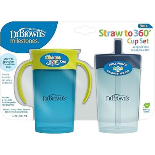 Dr. Brown's Milestones Straw to 360° Cup Set, Convertible Toddler Training Cup Set with Interchangeable Silicone Straw and 360 Degree Cup Lids, Blue Green, 10 oz/300 mL, BPA Free, 9m+, 2 Pack