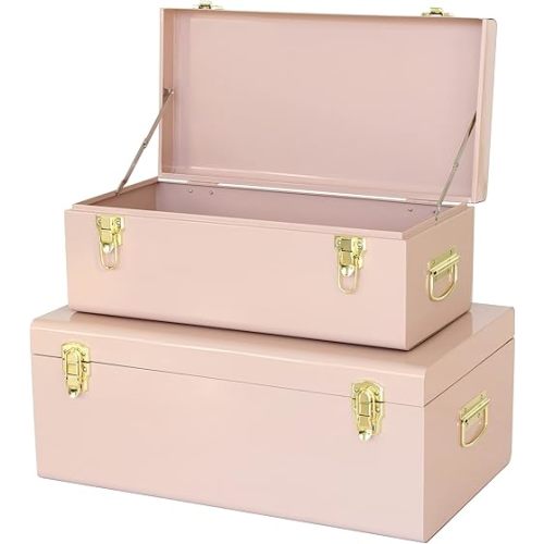 Vixdonos Metal Trunks College Dorm Steel Chests Decorative Storage Box Set of 2 Bedroom Organizer for Home Decor,23.7X14.2X9.5 Inches(Pink)
