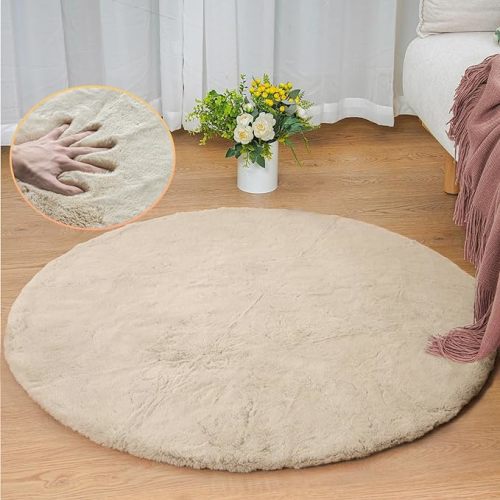 Camel Plush Shag Faux Rabbit Washable Fuzzy Fur Rugs for Living Room Bedroom Kids Circle Small Nursery Area Rug Round Rug 3ft