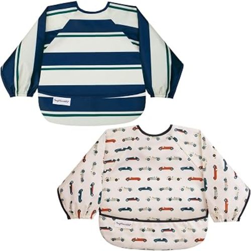 Tiny Twinkle Long Sleeve Bib for Babies&Toddlers|2-Pack Waterproof Smock Bib for Eating|Machine Washable&Mess-Proof Feeding Essentials|Newborn Shower Gift(Rugby Stripes,Vintage Cars,6-24M)