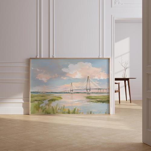 Charleston Ravenel Bridge Watercolor Print | Charleston SC Digital Download | Coastal Wall Art | Printable Landscape Decor