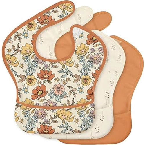3-Pack Waterproof Baby Bibs for Eating - Mess Proof Lightweight Toddler Feeding Bibs with Large Food Catcher, Food-Grade Baby Eating Essentials, Easy to Put On & Clean(Retro Floral)