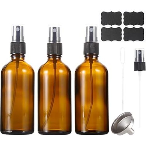 3.4oz Amber Glass Spray Bottles,Empty Fine Mist Refillable Travel Spray Bottle for Cleaning,Perfume,Aromatherapy,Cosmetic Sprays,Hair,Essential Oils with Fine Mist Dispenser(3 Pack)