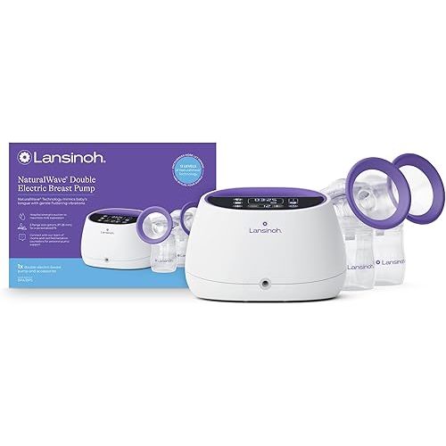 Lansinoh NaturalWave Double Electric Breast Pump White/Purple | Hospital-Grade Suction with 12 Levels, 5 Flange Sizes & Baby-Mimicking Motion | Breastfeeding Essentials for Pumping Moms