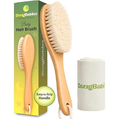 Wooden Baby Hair Brush with Natural Goat-Hair Bristles - Ultra Soft Baby Brush for Newborns & Infants with a Cotton Travel Pouch - Helps with Cradle Cap Care - 21cm Easy Grip Beech Wood Handle