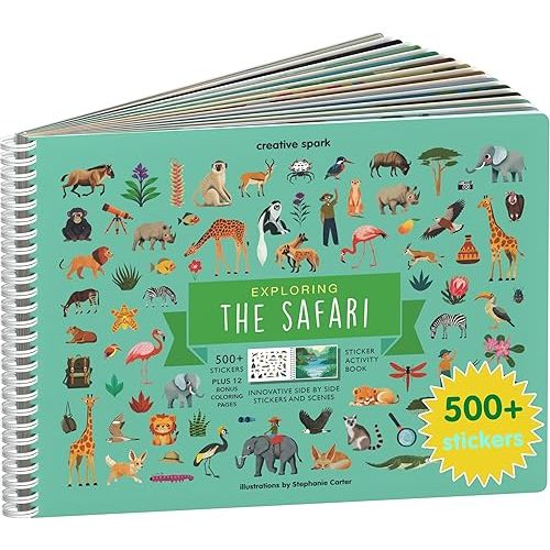 Cupkin Safari Animal Sticker Book Activity for Kids, Toddler Airplane Travel Essentials, 500+ Stickers for Kids + 12 Scenes + 12 Coloring Book Pages, Animal Lover Children's Gift, Crafts Ages 2-8