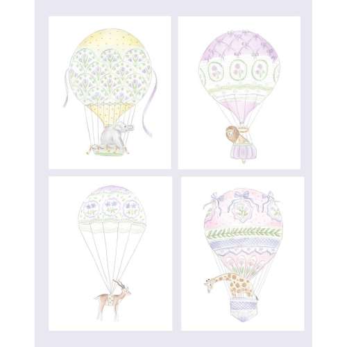 Art Prints Giraffe, Lion and Elephant in Hot Air Balloons // Lavender Nursery Decor // Hydrangea // Watercolor // Grand millennial // Preppy