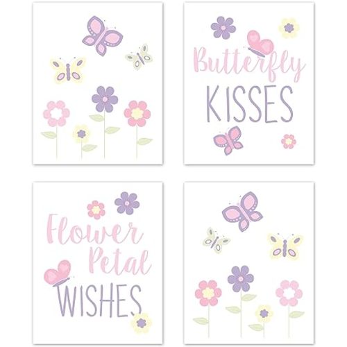 Sweet Jojo Designs Butterfly Wall Art Prints Room Decor for Baby, Nursery, and Kids - Set of 4 - Pink and Purple Floral Flower Garden Kisses and Wishes