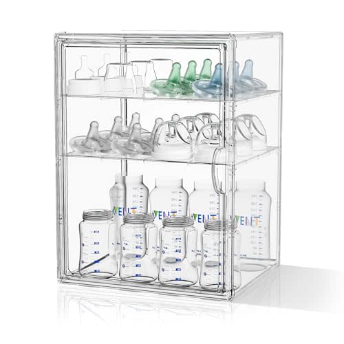 JOYZAN Clear Baby Bottle Organizer for Countertop 3 Tier Stackable Plastic Bottle Station Organizer with Adjustable Dividers Baby Bottle Storage Organizer for Cabinet,Home,Bathroom XXL