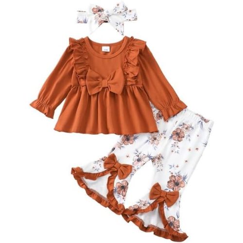 Toddler Baby Girl Clothes Fall/Winter Girls Outfits Ruffle Long Sleeve Tops Floral Flared Pants Girls' Clothing Sets