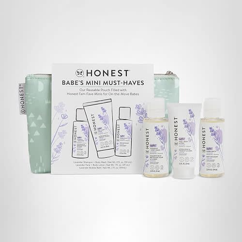 The Honest Company Babe's Mini Must Haves Gift Set Travel Size Hypoallergenic Lavender Bathtime Essentials Shampoo Body Wash (2 fl oz) Face Lotion (1 Bubble Bath