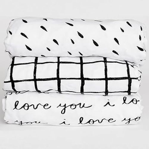 3 Fitted Black/White Mini Crib Pack n Play Playard Portable Crib Sheets Set 100% Oeko-TEX Cotton Gender Neutral Girl/Boy Nursery Bedding I Love You Plaid Travel Pack and Play Playpen