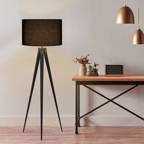 60.25" Allora Mid-Century Modern Tripod Floor Lamp with Drum Shade Matte Black - Teamson Home: ETL Listed, Push Button Switch