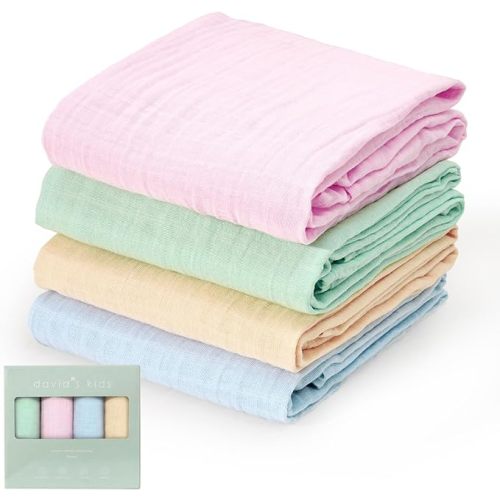 david's kids 4 Pack Baby Muslin Swaddle Blankets 47" x 47", 100% Cotton Swaddling Blankets Wrap for Boys Girls, Ultra Soft Breathable Receiving Blanket, New Born Essentials, Green&Pink&Blue&Beige
