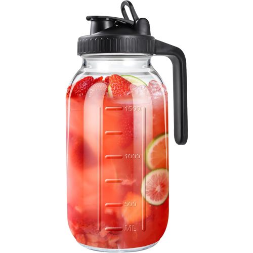 64oz Mason Jar Pitcher, Airtight & Leakproof Glass Pitcher with Lid | 2 Quart (64 oz) Mason Jar with Pour Spout Lid and Handle, Perfect for Breastmilk, Sun Tea, Iced Tea, Cold Brew, Juice