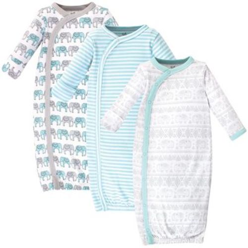 Touched by Nature Baby Boy Organic Cotton Side-Closure Snap Long-Sleeve Gowns 3pk, Mint Gray Elephant, 0-6 Months