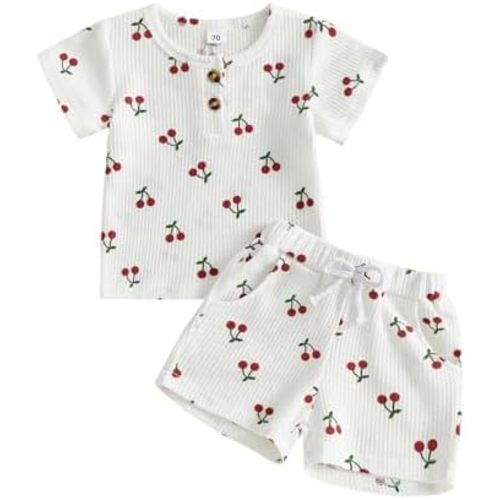 allshope Toddler Baby Girl Summer Outfit Short Sleeve Crewneck Cherry Print T Shirt Top Shorts Set Cute Infant Waffle Clothes