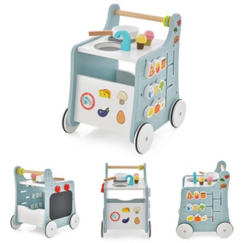 6-in-1 Wooden Baby Push Walker with Play Kitchen Toy Storage and Activity Board