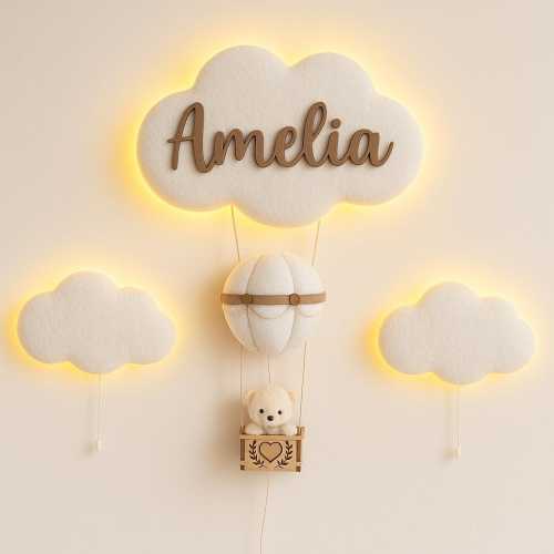Nursery Wall light Decor - Set of 3 clouds 12v back lit led-Boucle clouds with a bear in a hot air balloon and 2 lighted boucle clouds