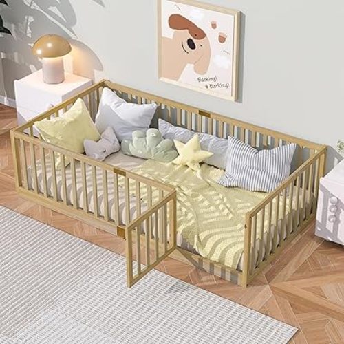 PVWIIK Twin Montessori Floor Bed with High Rails & Door and Slats for Kids Bedroom,High Rails Bed Frame with Safety Guardrails, No Box Spring Needed, Natural