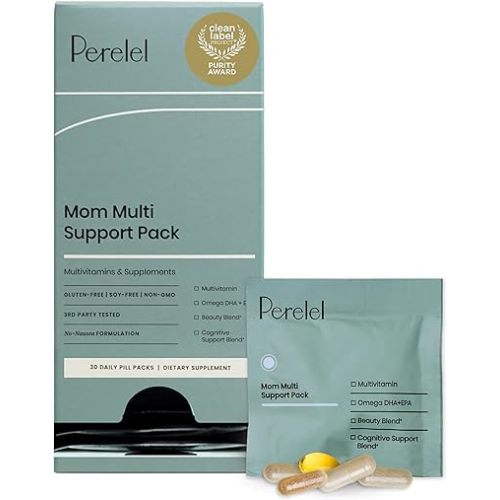 Perelel Mom Multi Support Pack, Postnatal Vitamins for Women with Omega 3 Dha, Iron, Collagen, & Vitamin B12 to Support Postpartum Health, Soy & Gluten Free, Non GMO, 30 Daily Pill Packs