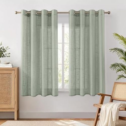 HOMEIDEAS Sage Green Linen Textured Sheer Curtains, 63 Inches Long 2 Panels Semi Sheer Curtains Farmhouse Window Drapes for Bedroom Living Room, 2 Panels, W52 x L63