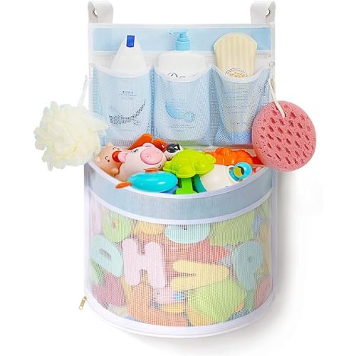 Bath Toy Organizer, Rapid Drying, Multiple-Suspension Bath Toy Holder, Large Capacity Multi Use Bathtub Toy Storage Bag（1 Large,Blue）