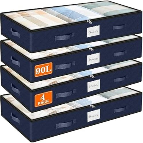 SpaceWhisper 90L Under Bed Storage Containers, 4-Pack Storage Bins with Clear Top, Foldable Closet Organizers and Storage with Label Holder for Clothing, Blankets, Comforter & Pillows(Blue)