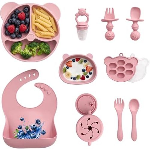 Silicone Baby Feeding Set, 12-Piece Non-Slip Dinnerware Set with Spoon, Divided Plate, and Bib, Baby Meal Set with Suction Cups, Silicone Baby Dinnerware for Toddlers (Pink)