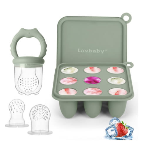 Baby Fruit Food Feeder Breastmilk Popsicle Molds, Silicone Food Freezer Tray for Cooling Teething Relief, Baby Food Feeder for Safe Infant Self Feeding, Includes 3 Extra Food Pacifier