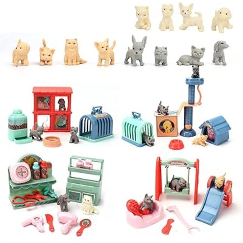 Pretend Play Toy, 42Pcs Premium Creative Play Pretend Toys Dog and Cat Pet Grooming Bathing Playing Feeding House Building Like Real Present Pet Toy for Toddler Kids Girls Boys