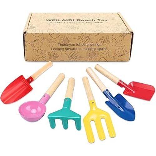 Beach Toys, 6 Pcs Children Beach Sand Toys, 8'' Kids Gardening Set Metal Garden Tools with Sturdy Wooden Handle,Safe Kids Shovel with Cylinder, Spoon, Fork, Rake, Flat Shovel & Pointed Shovel