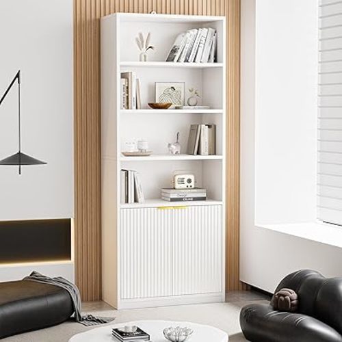 INNOD 69" Tall Book Shelve Bookcases with Doors, Floor Standing 6 Shelf Display Shelves, Bookshelf with Storage Shelf, Home Decor Furniture for Living Room Home Office