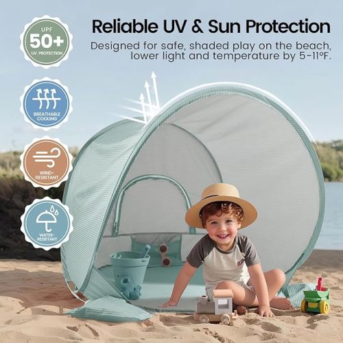 Tiny Land Baby Beach Tent – Pop Up Baby Tent with UV Protection, Portable Baby Beach Essentials, 35"x28"x32" Sun Shelter for Infants, Baby Outdoor Use (Pastel Aqua)