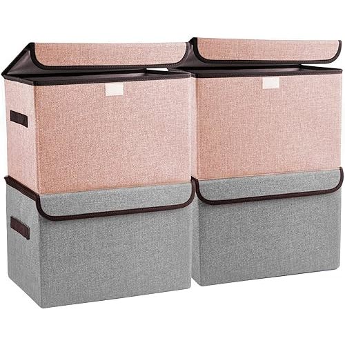 Linen Fabric Foldable Storage Cube Bin Organizer Basket with Flip-Top Lid & Handles, Large Clothes Blanket Box for Home, Office, Closet, Gray & Pink, 4 Pack 14.6 x 9.5 x 9.5”