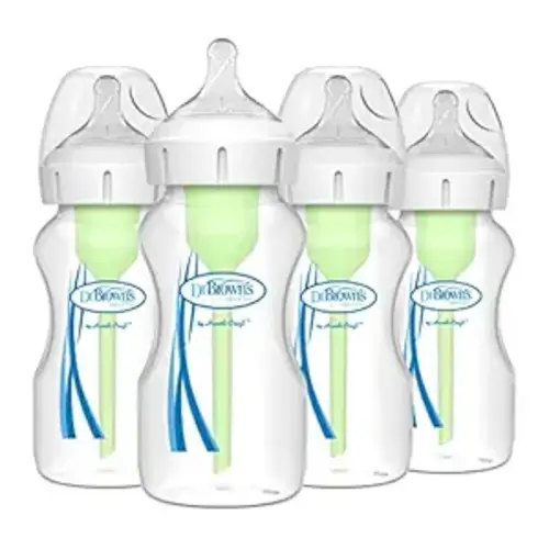 Dr. Brown's Natural Flow Anti-Colic Options+ Wide-Neck Baby Bottles 9 oz/270 mL, with Level 1 Slow Flow Nipple, 4 Count, 0m+