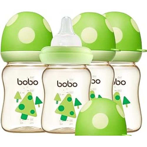 YOHKOH PPSU Baby Bottle Wide Neck, Newborn Anti-Colic Baby Bottle with Natural Response Nipple, Streamlined Body, Easy to Clean (5.4oz (Pack of 4), Green)