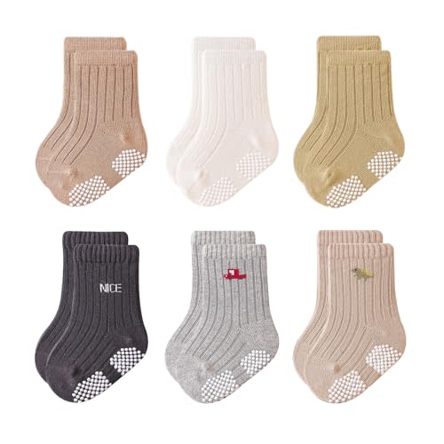 VWU Baby Toddler Socks with Grips Kids Girl Boy Crew Ankle Socks Cotton Anti Slip 0-6T 6/9 Pack