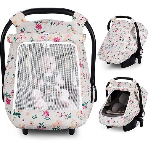 Rquite Car Seat Cover Baby, Carseat Covers Girl Boy, Breathable Muslin Cotton, Large Mesh Window, Infant Car Seat Canopy Baby Carrier Cover Stroller Sun Shade for Summer & Hot Day
