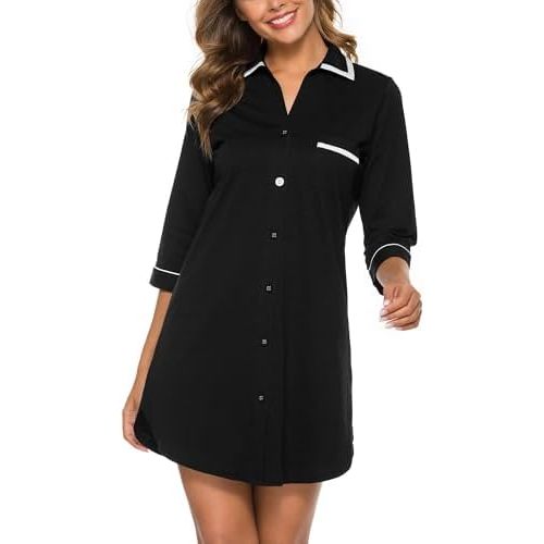 COLORFULLEAF Women's 100% Cotton Nightgowns 3/4 Sleeve V-Neck Sleep Shirt Soft Button Down Pajama Dress